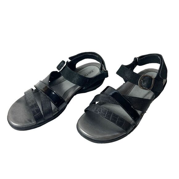 EARTH Womens 9B Flat Sandals Black Leather Comfort Casual Sling Back Ankle Strap - Picture 3 of 12